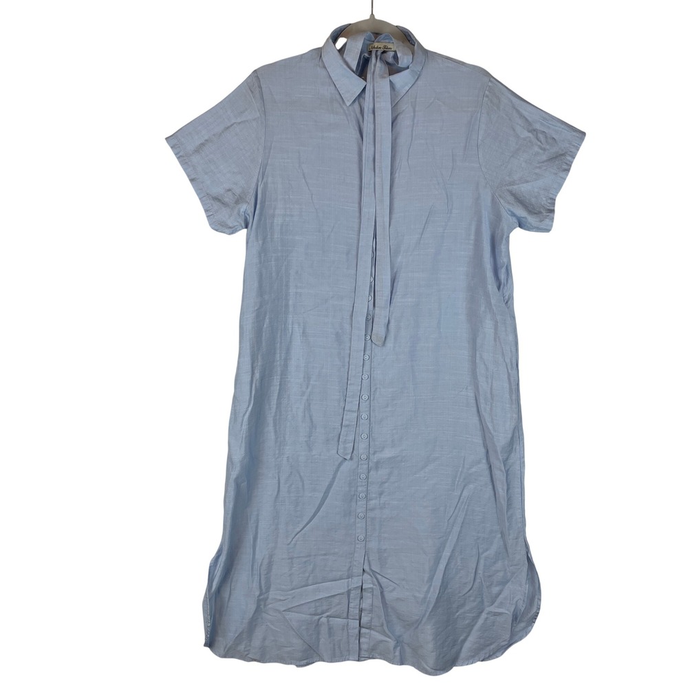 Nhan Tam Womens Light Blue Short Sleeve Button Down Tie Neck Shirt Dress XL